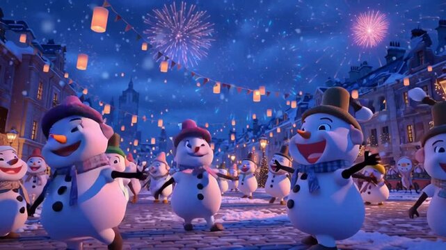 Charming animated snowmen marching and dancing down a snow‑covered cobblestone street at night, surrounded by glowing lanterns and colorful fireworks bursting in the festive winter sky