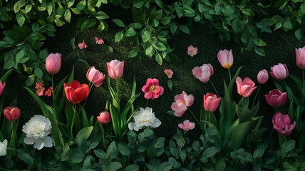 Artistic yet realistic photo of wallpaper texture featuring a lavish floral pattern with colorful tulips, full peonies, and dynamic green foliage over a deep shadowy background
