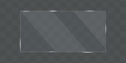 Flat glass plate banners. Realistic windows mockup. Set of mirror on transparent background. Light effect for a picture or a mirror. Clear glass showcase. 3d panel texture or clear window.