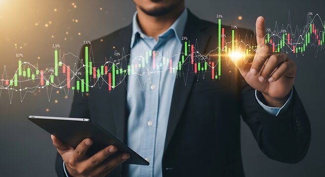 Businessman interacting with stock market financial data on display - Powered by Adobe