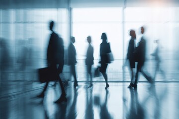 Business professionals in motion during a busy workday at a modern office building in the city