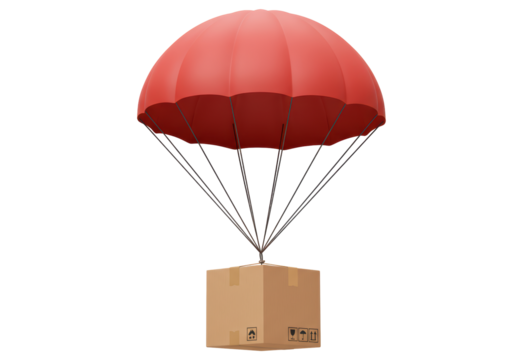 Isolated Cardboard Box Descending with Red Parachute