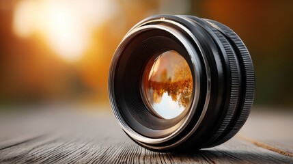 Close-up of professional camera lens on wooden table, warm golden hour light, blurred nature and equipment for International Photography Day