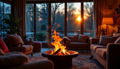 an inviting indoor living space during sunset