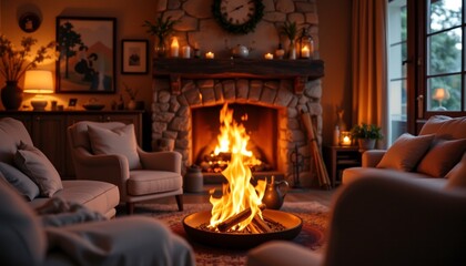 a cozy living room scene with a warm fire burning in a fireplace adorned with candles. a wood burning stove is at the heart of the room, creating a comforting ambiance