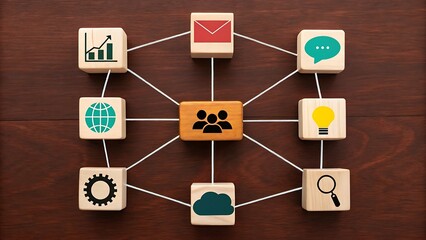 Conceptual network of business icons connecting to a central team symbol