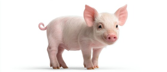 The adorable baby pig standing cutely in a bright studio setting.