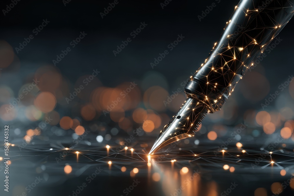 Poster glowing pen tip illuminating a digital network pattern in a futuristic setting with shimmering light