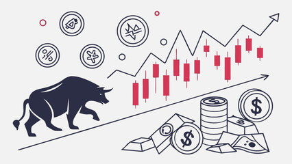 Bull market stock financial investment chart crypto currency gold and money growth vector illustration