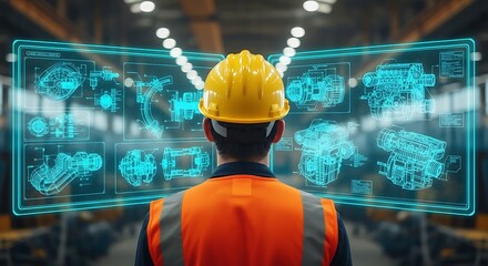 Engineer analyzing blueprints in a modern industrial environment