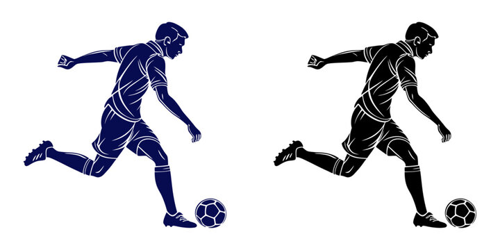 Black and blue silhouette vector of a male football player kicking a soccer ball, dynamic pose, white background