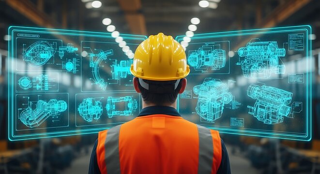 Engineer analyzing blueprints in a modern industrial environment