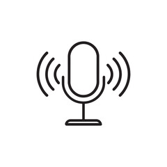 A minimalist, black outline icon of a microphone on a stand, emitting sound waves. This symbol represents audio recording, broadcasting, or voice activation.