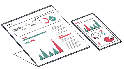 Isometric data analysis dashboard on laptop and tablet for business intelligence and reporting needs