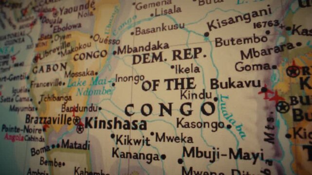 Retro map of Democratic Republic of Congo in Africa.