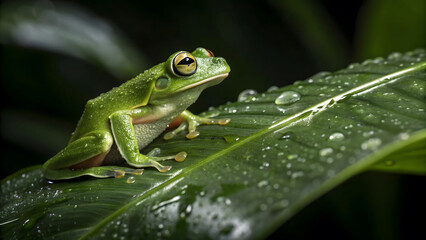 Naklejka premium A photo of a green tree frog perched on a wet leaf, close-up shot