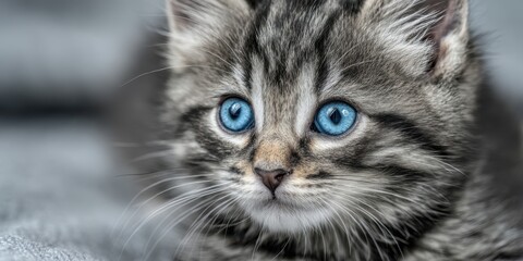 The adorable kitten with striking blue eyes resting peacefully.
