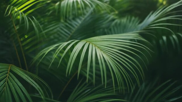 Closeup of lush green tropical palm leaves in natural light vibrant tropical foliage for background images