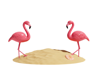 Isolated Pair of Pink Flamingo Lawn Ornaments on Sand