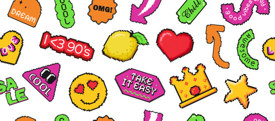 Pixel sticker seamless pattern in retro style. Background with y2k badge and 8bit shapes.