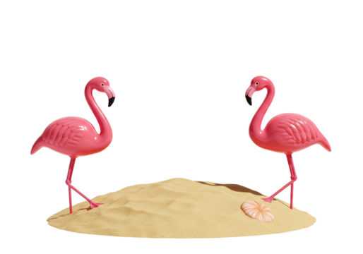 Isolated Pair of Pink Flamingo Lawn Ornaments on Sand