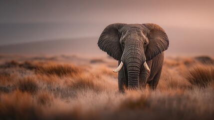 Majestic elephant in golden hour savannah, soft shadows and open space for World Elephant Day