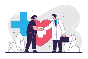 Healthcare professional and doctor shaking hands vector with heart symbol background