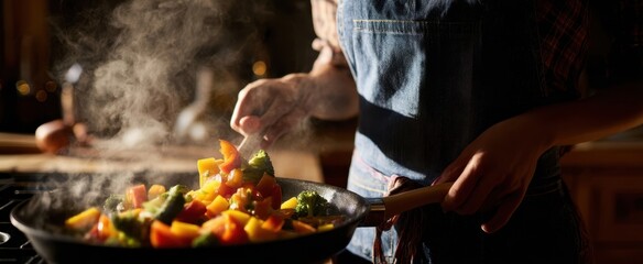 The vibrant stir-fry of fresh vegetables being prepared in a cozy kitchen.