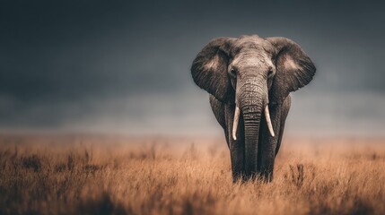 Obraz premium Majestic elephant in golden hour savannah, soft shadows and open space for World Elephant Day