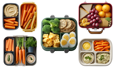 Colorful assortment of lunchboxes filled with healthy snacks like carrots, hummus, cheese, eggs, fruits, and crackers