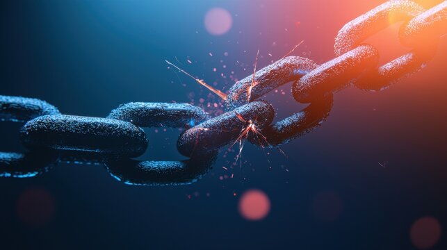 security risk vulnerability A close up of a broken chain link over a cyber themed background, symbolizing vulnerabilities in a secure system.