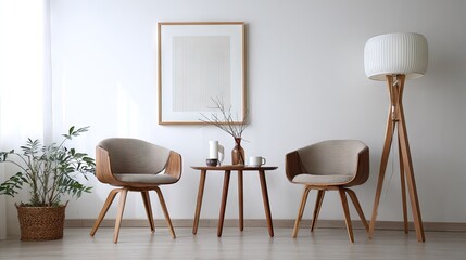 Wooden chairs and a floor lamp in a minimalist living room.