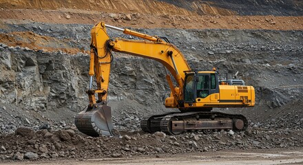 Yellow Excavator Operating on Rocky Construction Site in Open Landscape