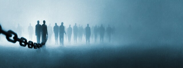 Broken chain with fading human silhouettes in muted tones, spacious layout for World Day Against Trafficking in Persons