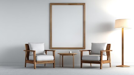 A minimalist living room scene with wooden furniture and a blank frame.
