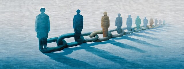 Broken chain with fading human silhouettes in muted tones, spacious layout for World Day Against Trafficking in Persons