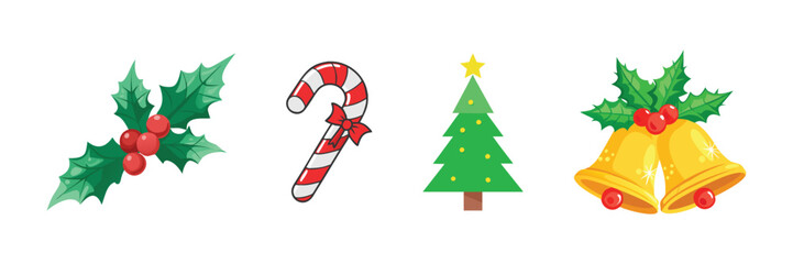 "Christmas Icons: Holly, Candy Cane, Tree, and Bells"