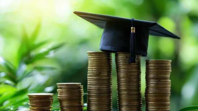 Academic return: higher tuition symbol, learning expense, cap display, stacked book, earnings potential, educational fee, financial path, degree pursuit, study value, coin concept, university price.