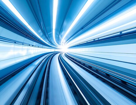 Futuristic Hyperloop tunnel with blue light streaks in motion
