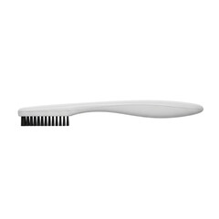 A white brush with black bristles lying horizontally