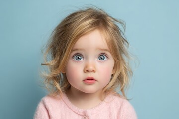 Naklejka premium Cute toddler with expressive big brown eyes and tousled hair looking curiously at the camera against a soft blue background in a cozy indoor setting