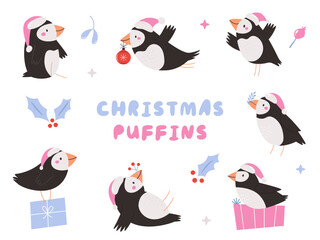 Cute Christmas Puffins in Santa Hats. Winter Holiday Cartoon Birds Collection.