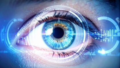 Close-up view of a human eye with digital technology overlay effects