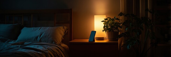 Social Media App Interface Shines on Nightstand in Calm Dark Bedroom Creating a Cozy Atmosphere