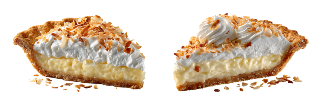 Slices of creamy coconut pie with graham cracker crust