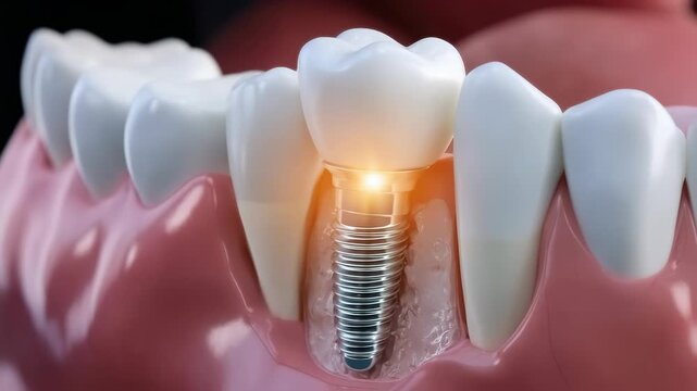 Implant procedure: jawbone drill, gum incision, anchor insert, crown mold, bite alignment, missing tooth, prosthetic root, stable chewing, dental graft, oral balance, tooth structure