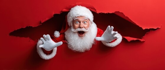 The joyful Santa Claus breaking through a wall in excitement for Christmas.