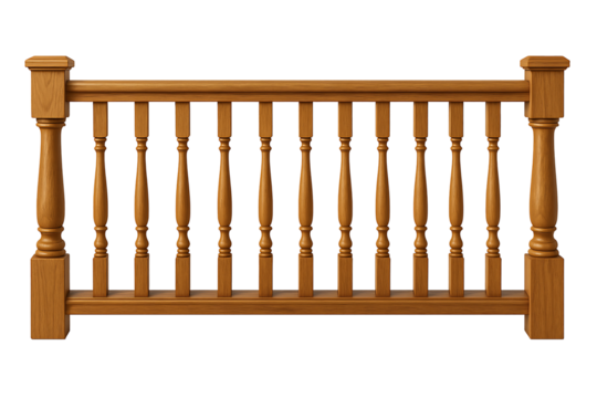 Classic wooden railing with balusters isolated on transparent background
