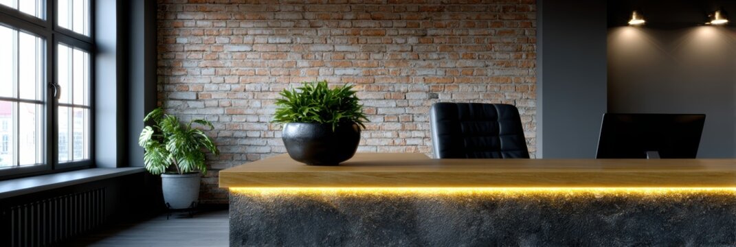 industrial web design, contemporary web banner features exposed brick wall and neon signage with sleek navigation elements on an industrial background professional uiux design with bold typography