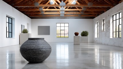 industrial art gallery, adapted textile factory turned modern art space featuring industrial details, minimalist design, and ample natural light